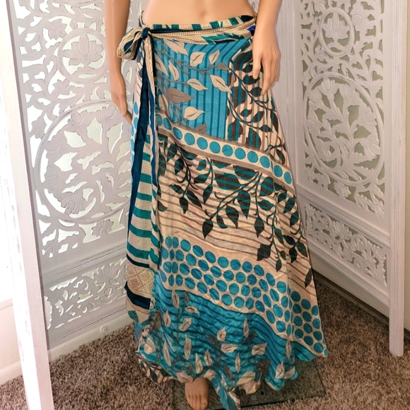 Exotic Silk Turquoise Print Boho Wrap Maxi Skirt - Picture 10 of 10